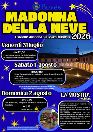 Da venerdì 31 luglio torna la festa della Madonna della Neve in frazione Madonna dei Boschi