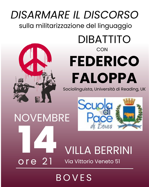 Venerdì 14 novembre alle 21 la serata dibattito della Scuola di Pace con Federico Faloppa