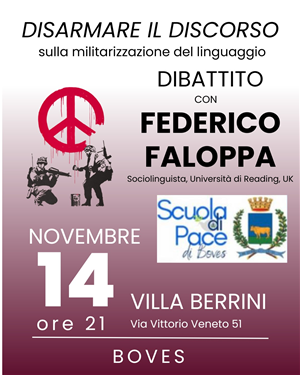 Venerdì 14 novembre un incontro-dibattito sul tema del linguaggio “Disarmare il discorso” con Federico Faloppa