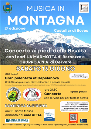 Sabato 13 giugno torna Musica in Montagna in frazione Castellar di Boves