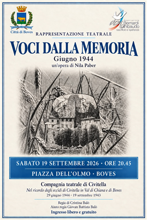 Sabato 19 settembre in piazza dell'Olmo va in scena lo spettacolo teatrale "Voci dalla Memoria"