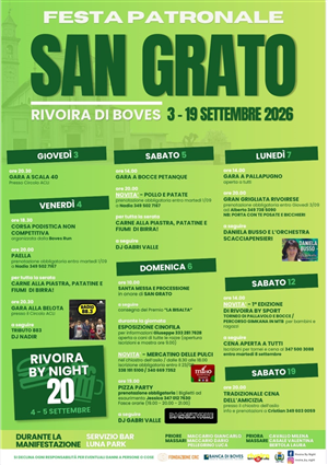 Al via giovedì 3 settembre la grande festa in onore di San Grato in frazione Rivoira