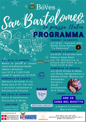 Torna a Boves la grande festa patronale di San Bartolomeo da venerdì 28 a lunedì 31 agosto